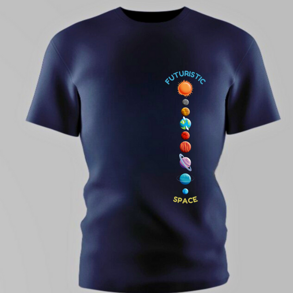Futuristic Space Navy Blue Round Neck Cotton Boy's T-Shirt